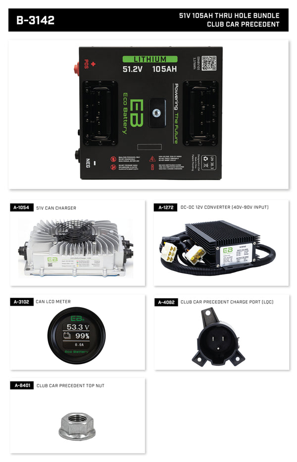 Eco Lithium Battery Complete Bundle for Club Car Precedent (09+)/Onward/Tempo 51V 105Ah - Thru Hole