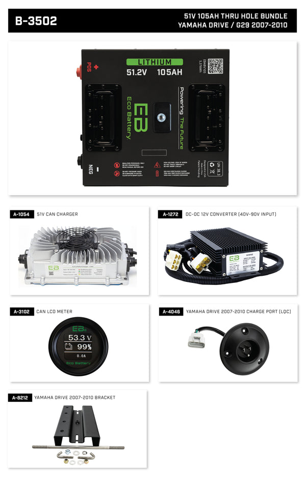 Eco Lithium Battery Complete Bundle for 2007-2010 Yamaha G29/Drive 51V 105Ah - Thru Hole