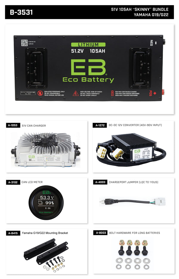 Eco Lithium Battery Complete Bundle for Yamaha G19/G22 51V 105Ah - Skinny