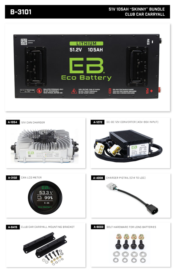 Eco Lithium Battery Complete Bundle for Club Car Carryall 51V 105Ah - Skinny